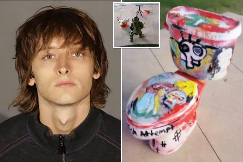 Man arrested for dumping graffiti-covered toilet at LA shopping mall after claiming it was a bomb