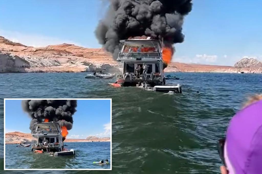 2-month-old baby, dozens of other passengers abandon burning houseboat in Utah lake: video