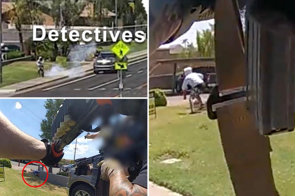 Harrowing video shows detective kill alleged robber waving rifle from moving car