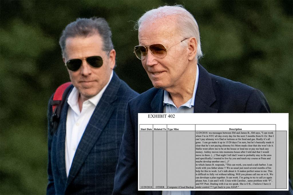 New texts show Hunter Biden complaining his money is ‘all gone’ and seeking dadâs help: âCanât pay alimonyâ