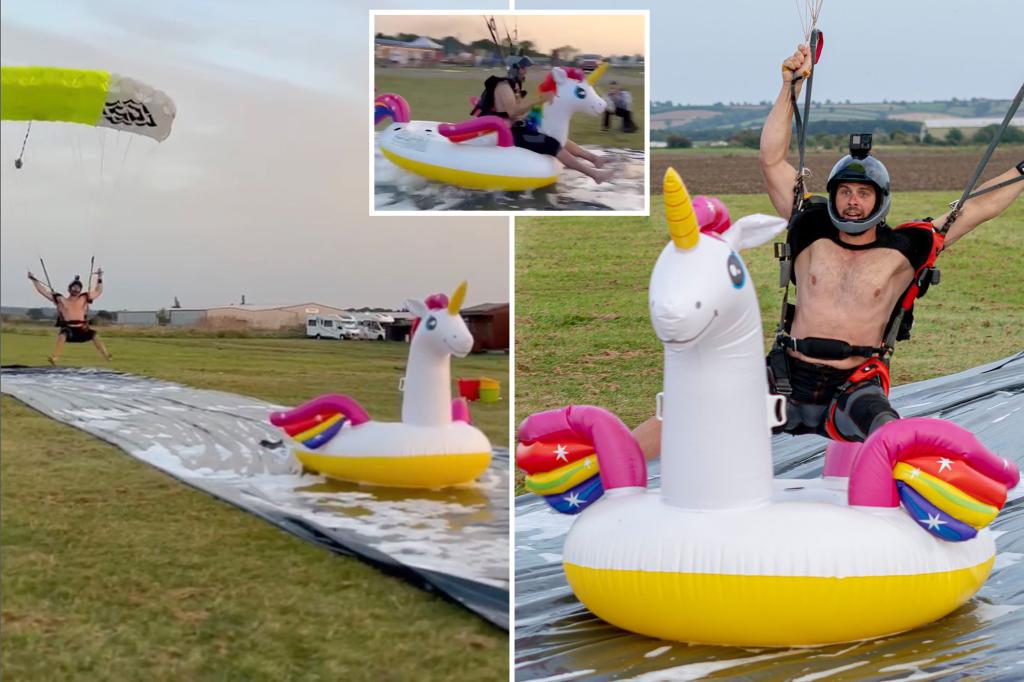 UK skydiver goes viral for landing on an inflatable unicorn: ‘I’m coming for ya!’