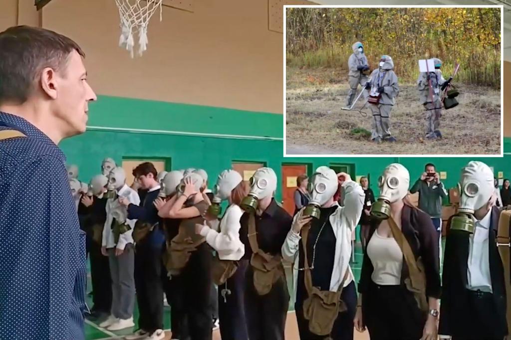 Chilling nuclear war drills held in Russia show kids wearing gas masks: ‘Please remain calm!’
