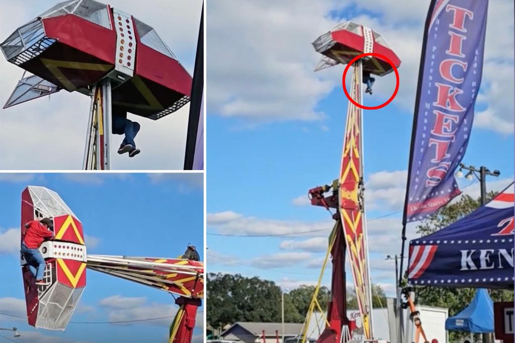Harrowing video shows Texas amusement park worker dangling from ride