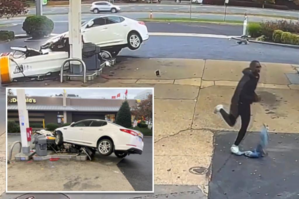 Alleged carjacker crashes into, knocks over gas pump week after being released over suspected knife-point robbery