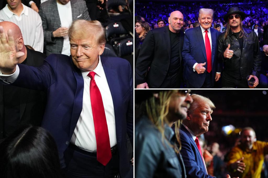 Donald Trump arrives at MSG to attend UFC 295 flanked by Kid Rock, Dana White and Tucker Carlson