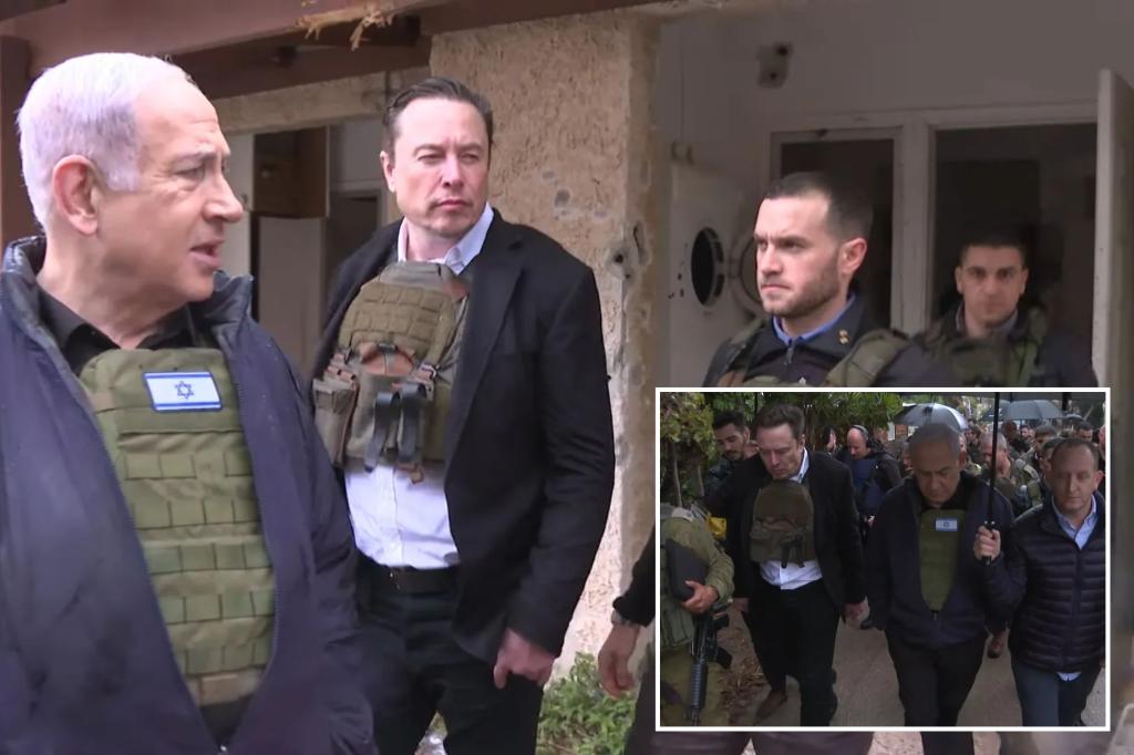 Elon Musk squeezes into tiny bulletproof vest to tour Israel kibbutz attacked by Hamas