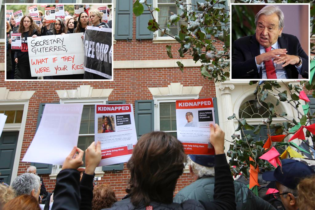 Emotional protesters line up outside UN chief’s NYC home, demand release of Israeli hostages held captive by Hamas