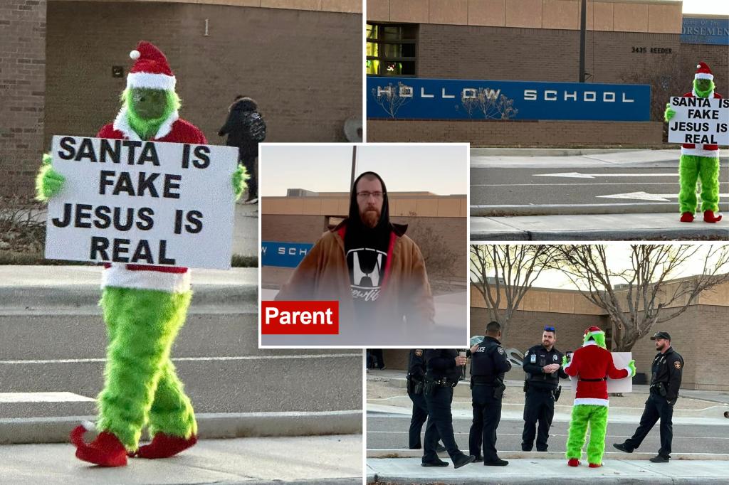 Grinch stands outside elementary school with ‘Santa is Fake’ sign, angering parents and scaring kids