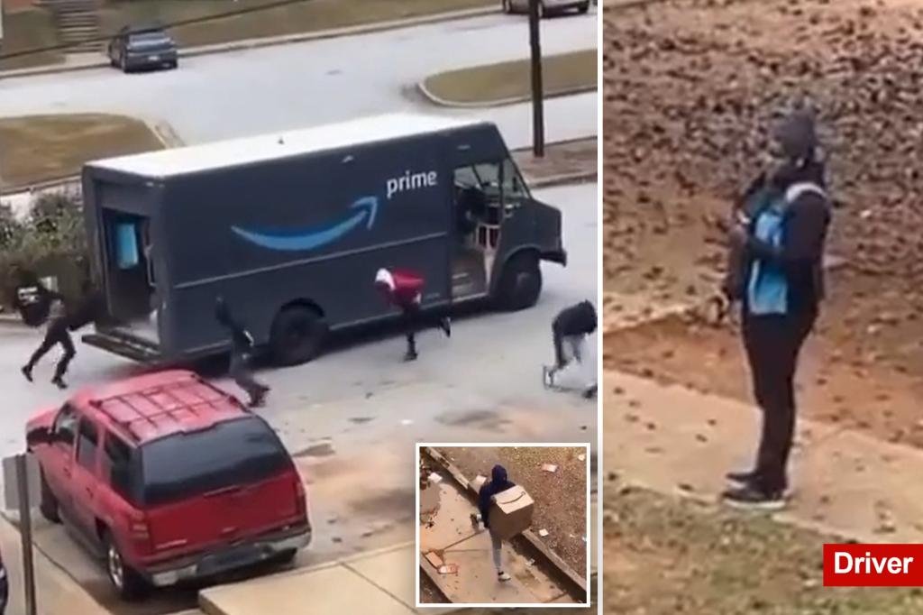 Helpless Amazon driver watches as group of looters raid her truck