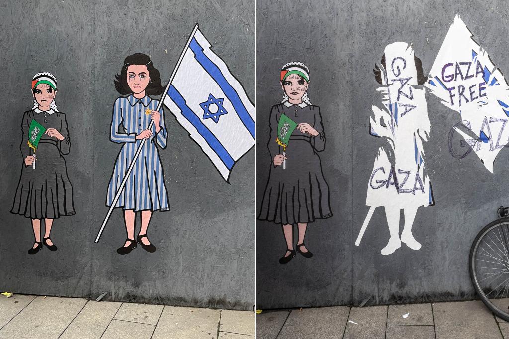 Italian mural depicting teary-eyed Anne Frank holding Israeli flag painted over, vandalized with the words ‘Gaza Free’