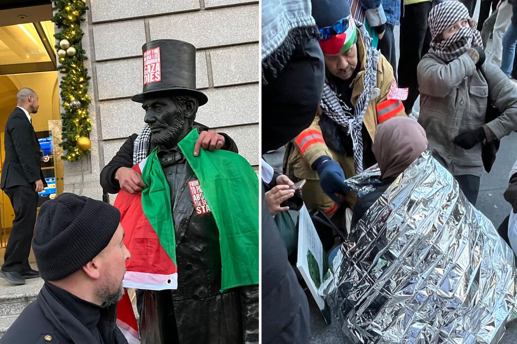 Pro-Palestinian protesters drag burning Israeli flag down NYC street as they warn supporters days are ‘numbered’