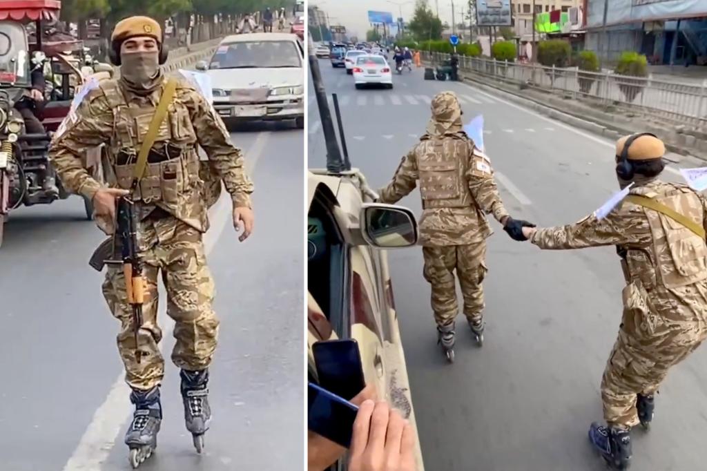 Taliban seen patrolling streets of Kabul on rollerblades with AK-47s