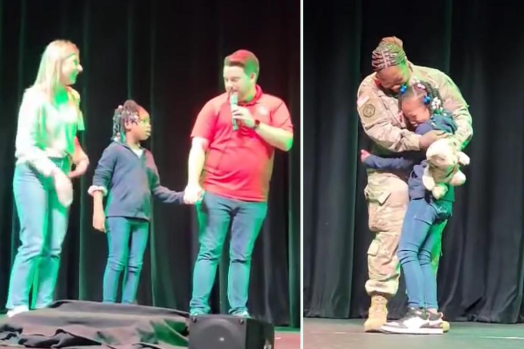 Army soldier back home after 9-month deployment surprises daughter, 8, on field trip: video