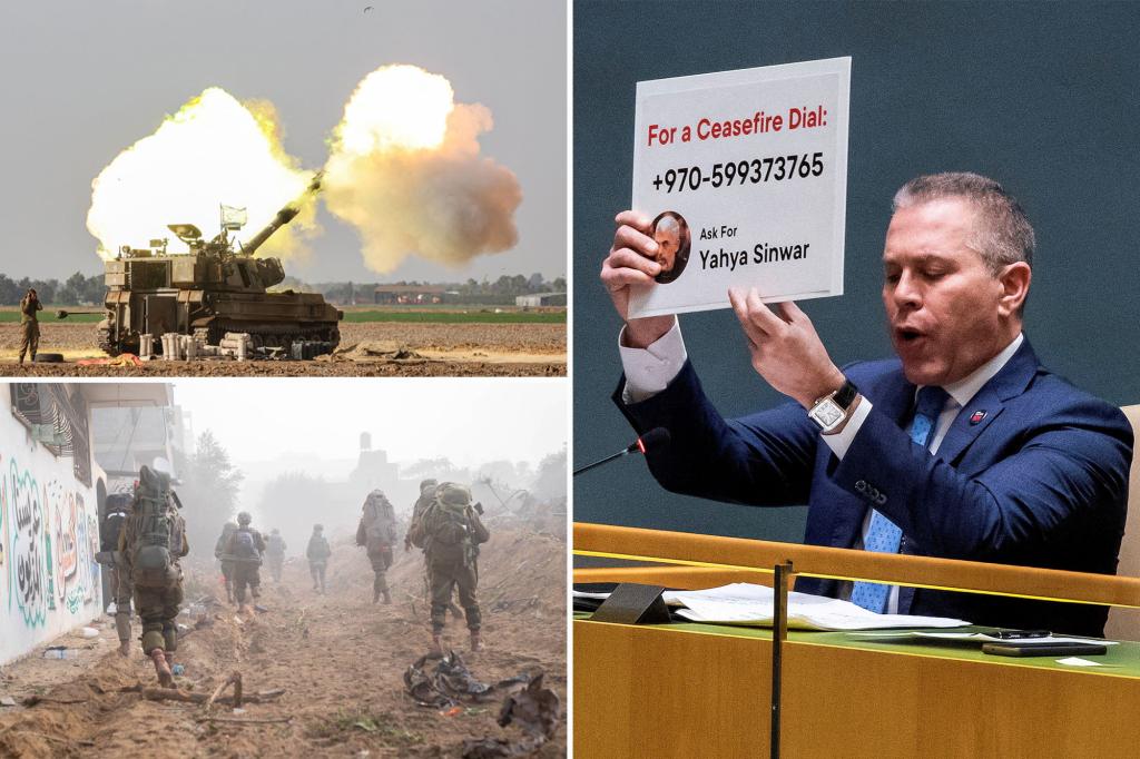 Israeli Ambassador Gilad Erdan holds up poster with Hamas’ number, urges UN members to call it for ‘real ceasefire’