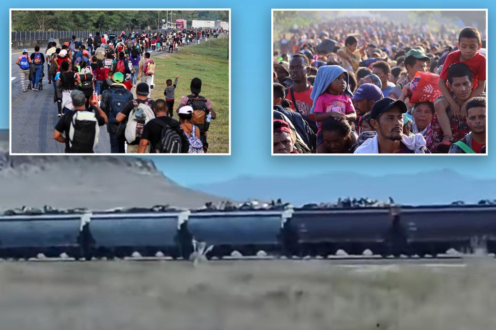 Members of migrant caravan seen clinging to ‘The Beast’ train as they make their way to El Paso