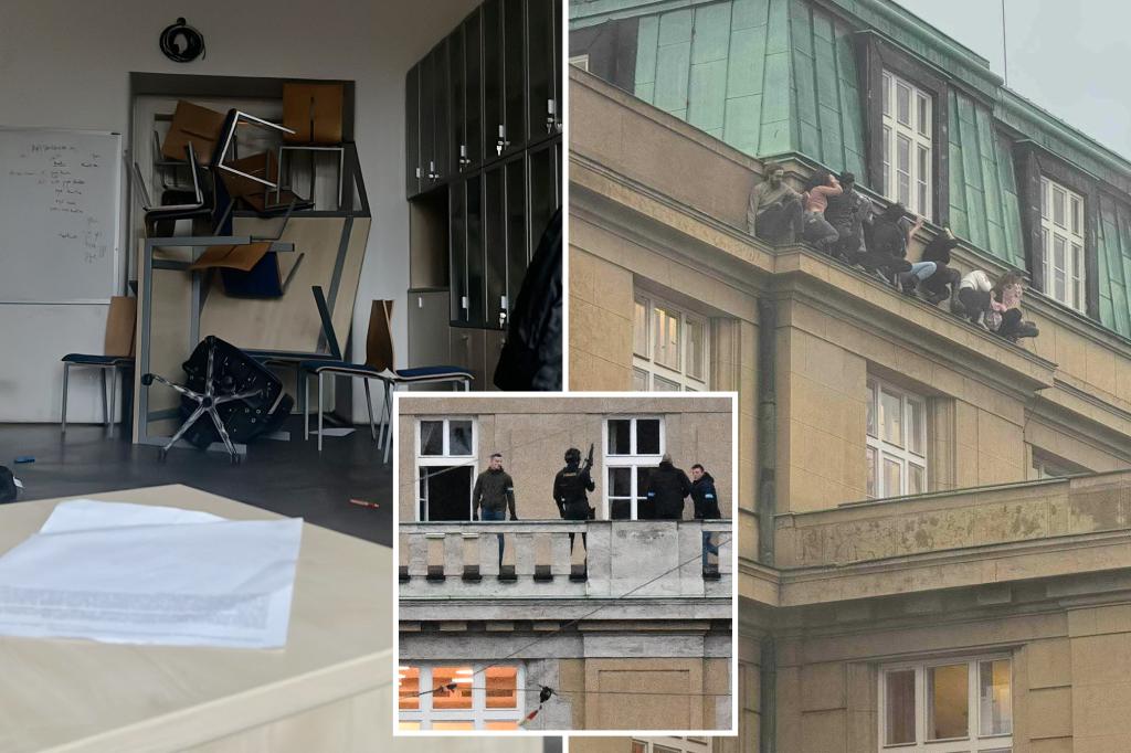 Panicked students seen huddling on ledge as ‘several’ people killed in shooting at university in Prague, others injured