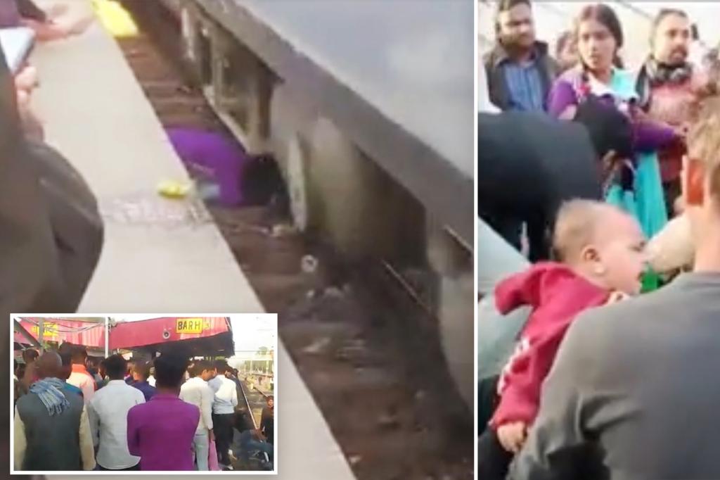 Pulse-pounding footage captures mother and two young kids taking cover beneath moving train after falling onto tracks
