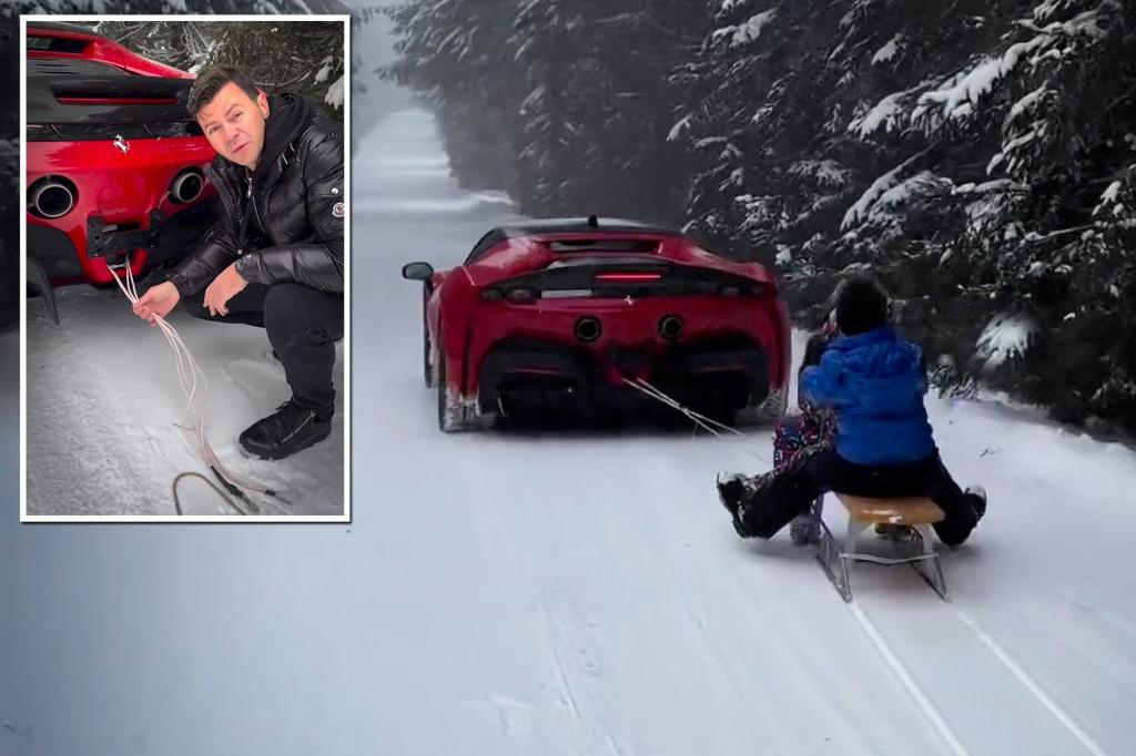 Romanian millionaire hitches kids’ sled to Ferrari for wild winter ride