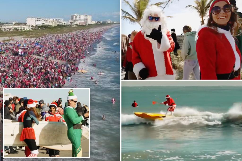 Surf’s up, Santa! Hundreds of festive surfers hit the Florida shore