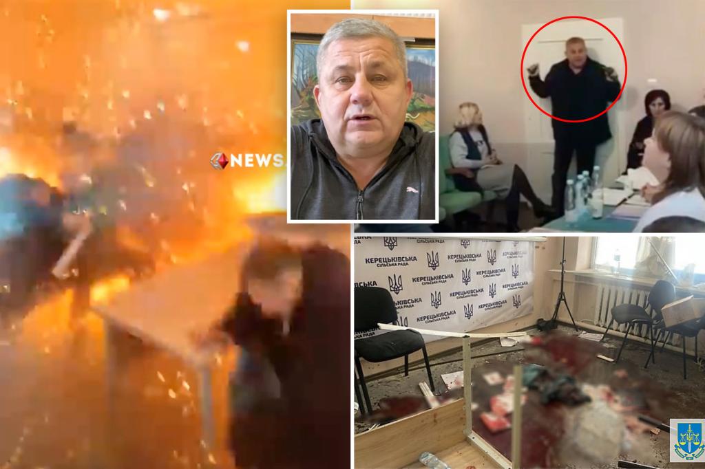 The terrifying moment Ukrainian official Srhiy Batryn detonates multiple grenades during heated city council meeting