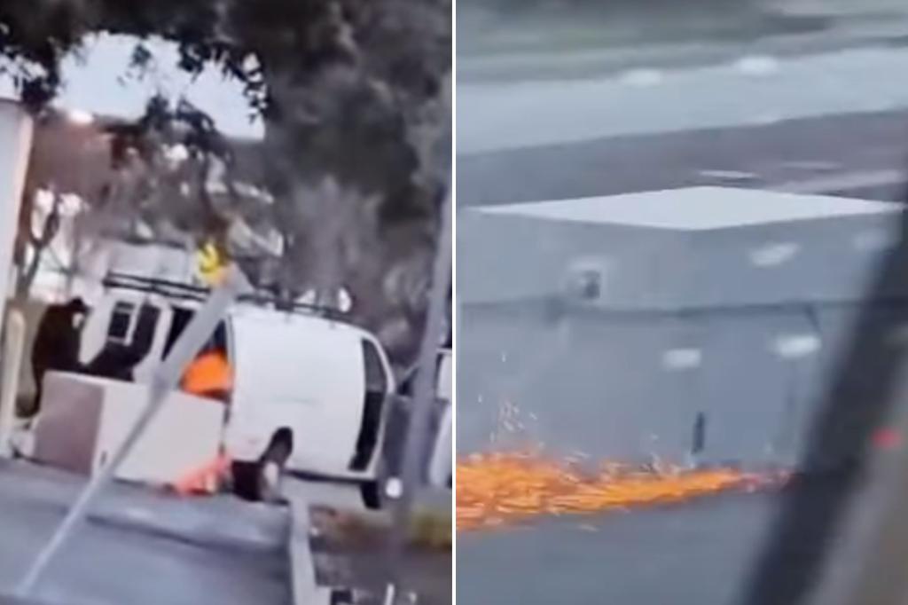 Brazen thieves drag entire ATM from van, sending sparks flying down Oakland road: video