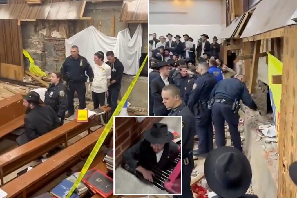 Cops clash with dozens of Orthodox men in synagogue as riot breaks out over secret underground tunnel