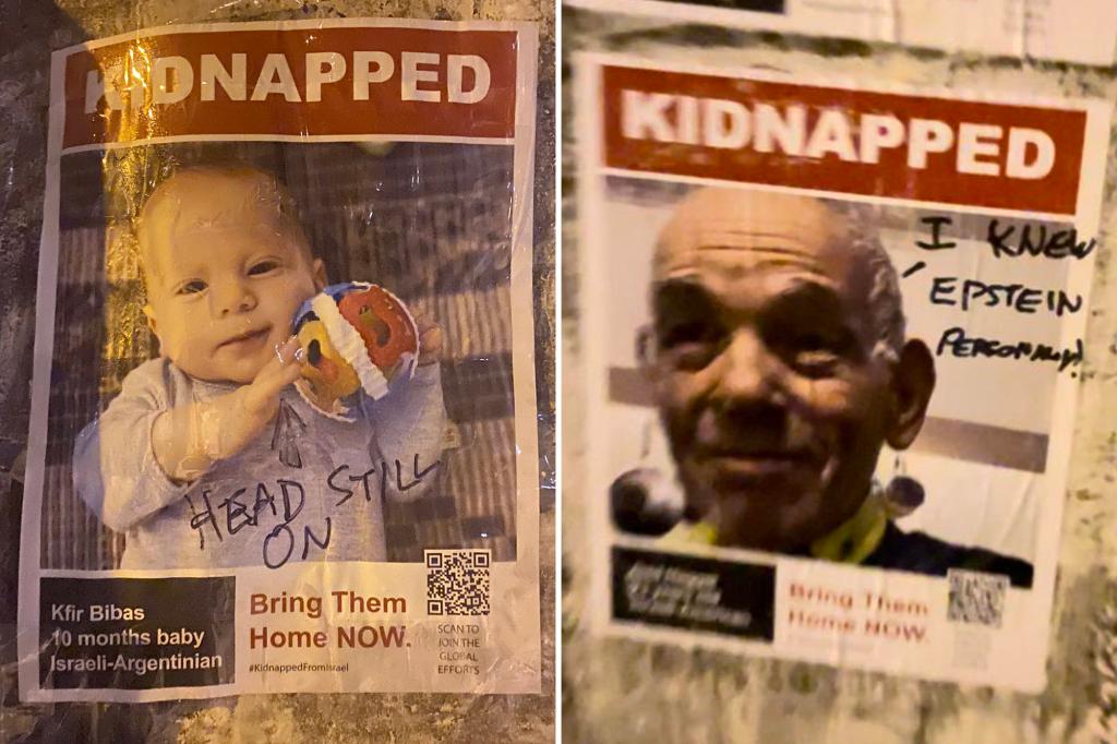 Hamas hostage posters defaced at Harvard with sick Jeffrey Epstein, 9/11 conspiracy theories