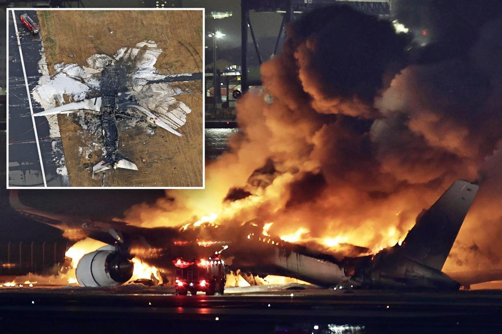 Photos show melted remains of jet that caught on fire at Tokyo airport as air traffic control tapes reveal mix-up