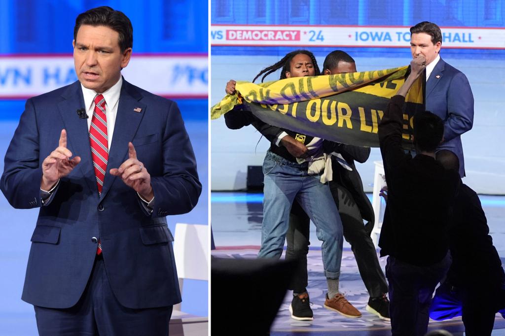 Ron DeSantis appears unfazed as protester storms stage chanting ‘no oil money’ at Iowa town hall: ‘That was a mistake’