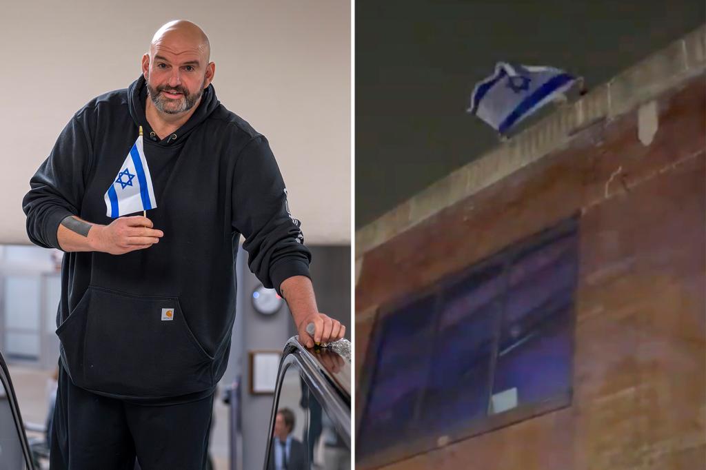 Sen. John Fetterman waves Israeli flag from his roof after pro-Hamas protesters gather outside his Pa. home