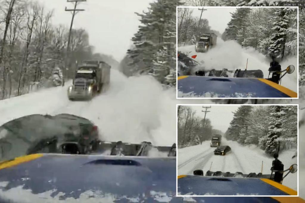 Speeding driver crashes directly into plow while trying to overtake semi on snowy NY road, wild video shows