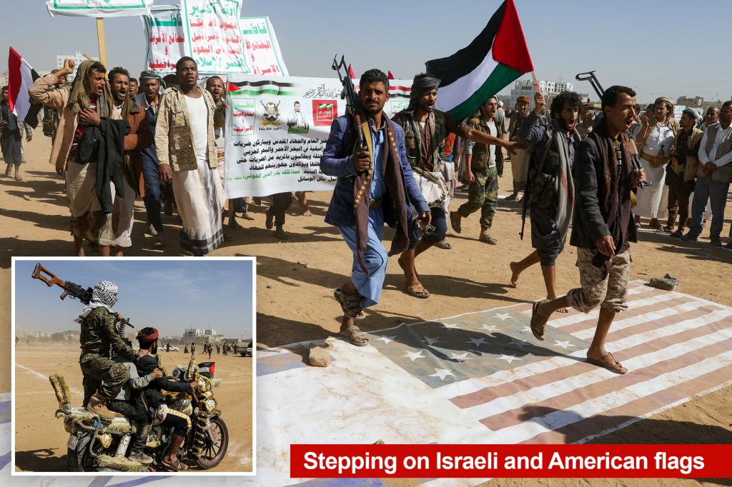 Thousands of Houthis trample over US, Israeli flags during parade celebrating terror group’s attacks