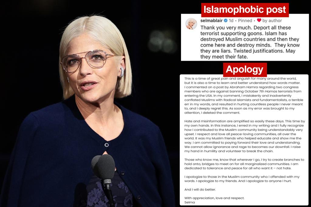 Actress Selma Blair apologizes for ‘hateful’ Islamophobic comments on social media