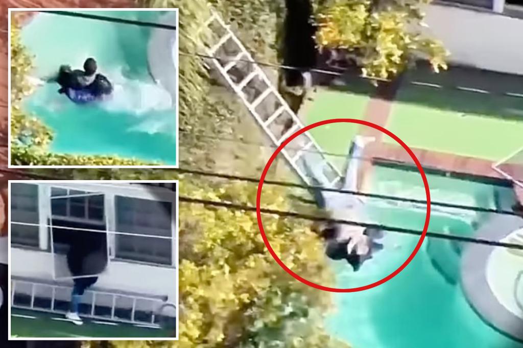 Drone video catches bumbling burglar falling from ladder into Beverly Hills pool