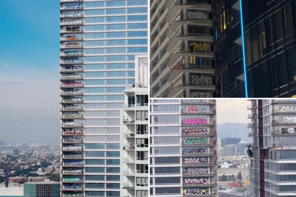 Graffiti vandals tag 27 floors of abandoned, $1B LA skyscraper days before Grammys
