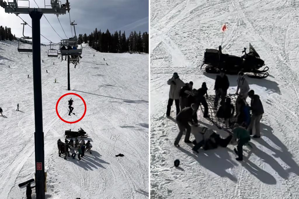 Terrifying moment teen snowboarder slams onto ground after dangling high in air from ski lift