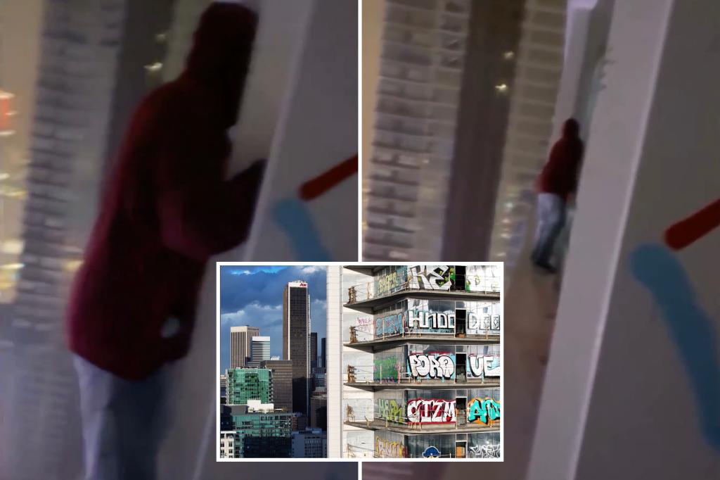 Terrifying video shows graffiti tagger walking on ledge of abandoned $1B LA skyscraper in downpour