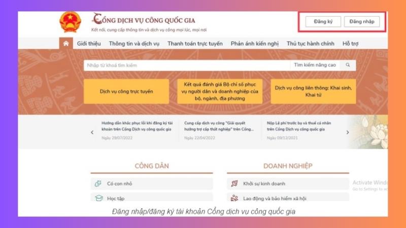 Truy cập vào trang web của Cổng dịch vụ công quốc