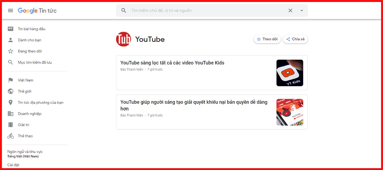 Tra cứu thông tin của YouTube trên Google News