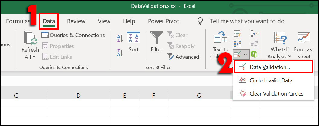 Trên thanh công cụ chọn Data > Data Validation