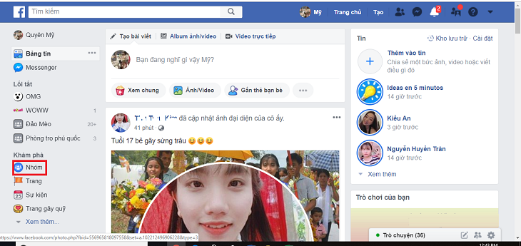 Trên cửa sổ chính tài khoản Facebook của bạn hãy tìm đến mục Nhóm ở cửa sổ bên trái. Sau đó bạn sẽ được chuyển sang cửa sổ mới và bạn chọn mục Tạo nhóm.