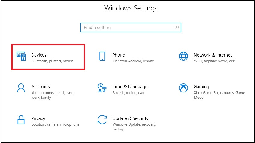 Bước 1: Bạn nhấn chọn tổ hợp phím Windows + I để vào cài đặt. Chọn Devices