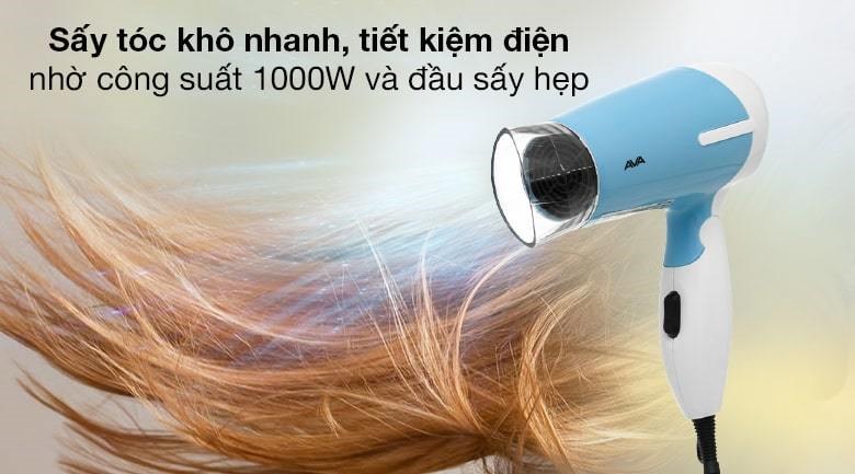 Máy sấy tóc Ava RCY-8617A sở hữu công suất 1000W giúp bạn sấy tóc nhanh chóng và dễ dàng