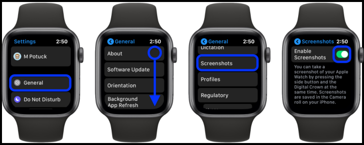 Các bước bật tính năng chụp ảnh màn hình trên Apple Watch. Nguồn: 9To5Mac