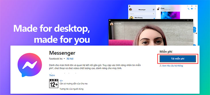 Truy cập vào đường link Messenger trên Microsoft store và chọn Tải miễn phí