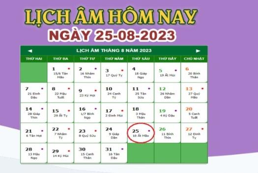 Lịch âm 25/8 – Âm lịch hôm nay ngày 25/8/2023 nhanh và chính xác