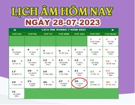 Lịch âm 28/7 – Âm lịch hôm nay ngày 28/7/2023 nhanh và chính xác