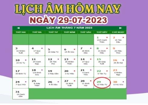 Lịch âm 29/7 – Âm lịch hôm nay ngày 29/7/2023 nhanh và chính xác