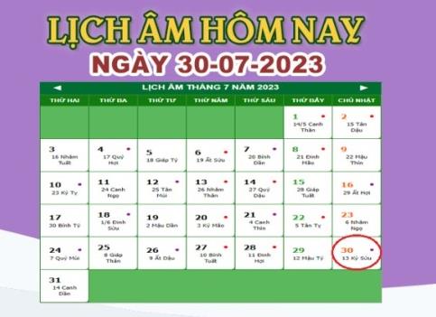 Lịch âm 30/7 – Âm lịch hôm nay ngày 30/7/2023 nhanh và chính xác