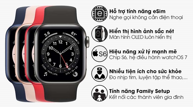 Apple Watch S6 LTE 40mm viền thép dây silicone với màn hình OLED hiển thị sắc nét